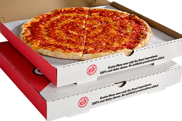 Photo of two large pizzas in to-go boxes