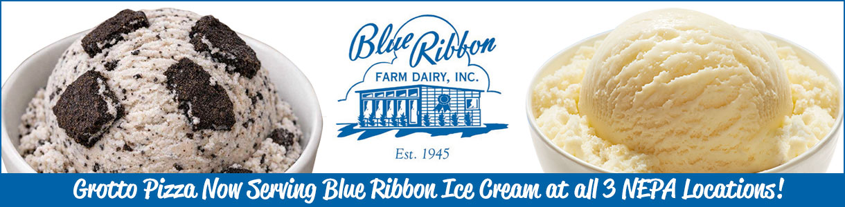 Grotto Pizza Now Serving Blue Ribbon Ice Cream at all 3 NEPA Locations! Photo of ice cream and blue ribbon logo.